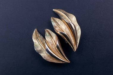 Siyah arka planda bir çift altın küpenin yakın plan fotoğrafı.