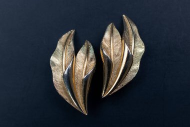 Siyah arka planda altın tüyler. Düz yatış, üst görünüm.