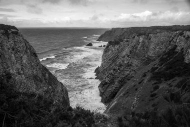 Cabo da Roca, Portekiz. Siyah beyaz fotoğraf.