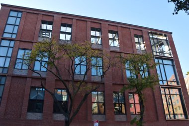 Boston, Massachusetts, ABD 'de ağaçlı eski tuğla bina..