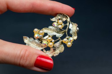 Kırmızı manikürlü bir kadın elinde değerli taşlarla altın bir broş tutuyor.