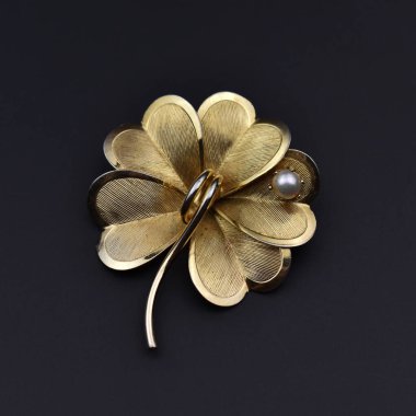 Siyah arka planda altın yonca broşu. Minimalist stil.