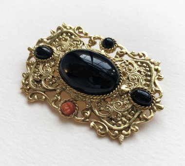 Beyaz arka planda değerli taşları olan mücevher broşu..