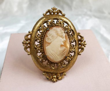 Beyaz arkaplanda altın çerçeveli küçük broş, yakın plan.