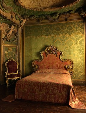 Luxury richly decorated royal bedroom with richly decorated furniture, the MET, exhibition at the Metropolitan Museum of Art in Manhattan, New York City, NY, USA clipart