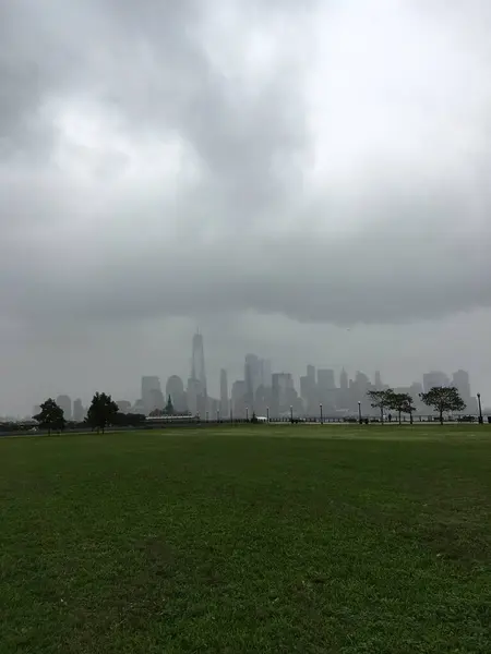 stock image Foggy morning in the meadow. View from above. Manhattan skyscrapers, modern architecture of New York City  