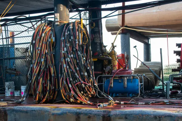 Stock image Electrical equipment and cables on the deck of an oil rig. New York City, Manhattan, NYC, NY, USA 