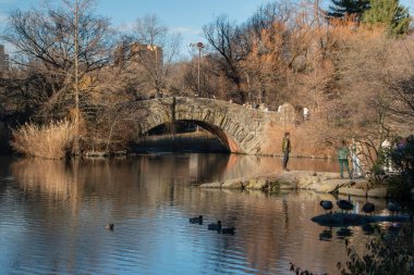 New York City Central Park, Manhattan, New York, New York, ABD 'deki köprüdeki insanlar
