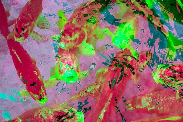 Bahçedeki gölde yüzen renkli Koi balığı..