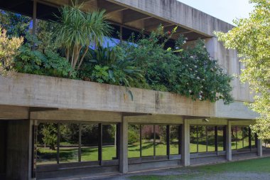 Ön planda yeşil bitkiler olan modern bir ofis binasının dışı.