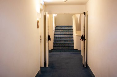 Merdivenleri olan klasik bir koridor merdivenleri ve mavi halısı olan bir otel koridoru.