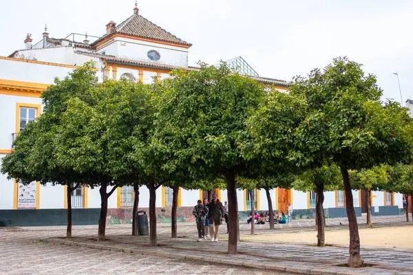 Kimliği belirsiz insanlar Seville Palace Garden 'da yürüyor.
