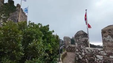 Sintra 'da ortaçağ kalesi olan sisli bir orman, seyahat havası, suç podcast görüntüleri.