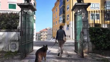 POV güneşli Lizbon caddesi, tarihi bölgelere seyahat