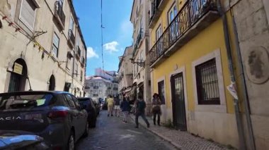 Lisbon city path walk POV narrow cobblestone travel in Europe