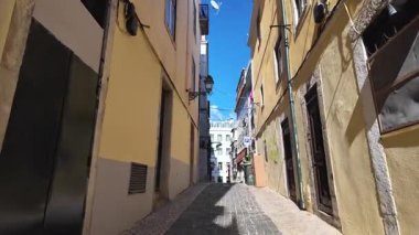 POV old European alley walk Lisbon Portugal tourism spot
