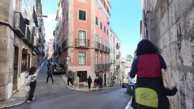 Old Portugal street Lisbon POV video walk through narrow alley