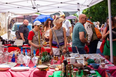 İnsanlar güneşli bir günde bit pazarında antikalara ve koleksiyonlara bakıyorlar..