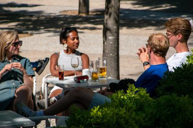 Arkadaşlar güneşli bir günde açık bir kafede içki içiyorlar..