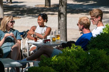 Arkadaşlar güneşli bir günde açık bir kafede içki içiyorlar. Bir grup arkadaş güneşli bir günde parkta eğleniyorlar..