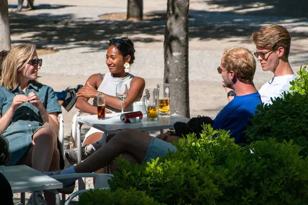 Arkadaşlar güneşli bir günde açık bir kafede içki içiyorlar. Bir grup arkadaş güneşli bir günde parkta eğleniyorlar..