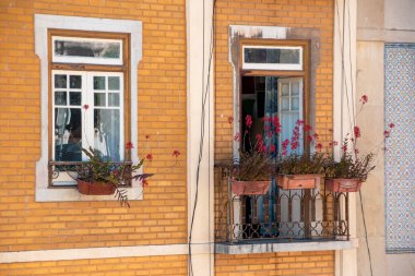 Pencere, balkon ve çiçek kutularıyla bina cephesi
