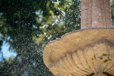 Güneş ışığıyla çağlayan taştan bir çeşmenin yakınında.