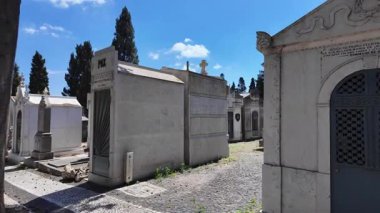 Mezarlıkta eski taş haçlarla ıssız bir yol.