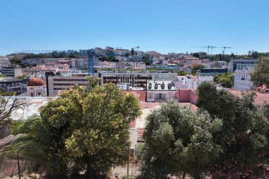 Mavi Gök Altında Kırmızı Döşemeli Çatı ve Yeşillikli Şehir Manzarası