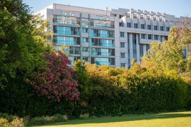 Yeşillik ve güneşli bir gün ile modern bir bina..