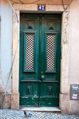 42 Numaralı ve Checkerboard Panelli Yeşil Tahta Kapı