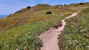 Cabo da Roca Portekiz 'de sahil kayalıkları ve deniz manzaralı yürüyüş parkurları