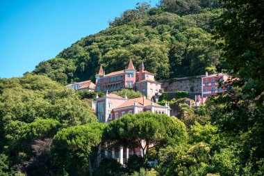 Berrak bir mavi gökyüzünün altındaki bir yamaçta yemyeşil bir saray.