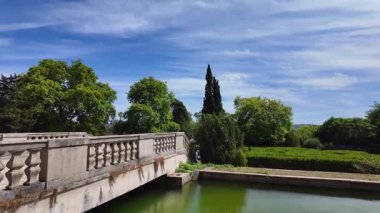 Lizbon Botanik Bahçesi 'nin yürüyüş manzarası. Yaz ağaçları, tropik bitkiler ve huzurlu park manzarası.