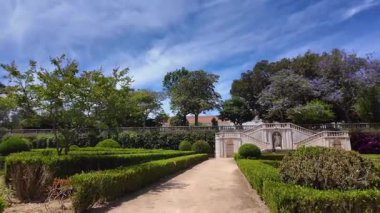 Lizbon Botanik Bahçesi 'nde yaz gezintisi. Yeşillik palmiye ağaçları, egzotik çiçekler. Huzurlu şehir kaçışı.