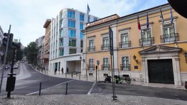 POV Lisbon summer walk, cobblestone streets, historic European city travel background