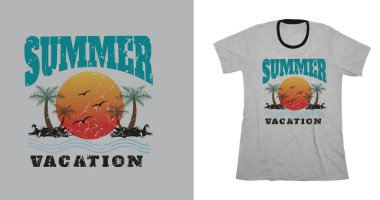 Yaz tatili t-shirt tasarımı, güneş palmiyesi yeşil yaprak çizimi 