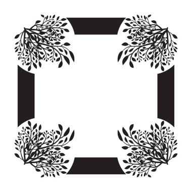 Çiçek desenli siyah beyaz kare çerçeve yaprakları siluetli siyah beyaz ağaç yaprağı çerçeve. Süslü, çiçekli ve siluetli. Çiçek süsü.