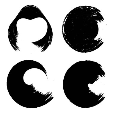 Bir dizi leke, fırça darbesi, daire ve kalp şeklinde boya fırçası çerçevesi, eski moda fırça darbesi, siyah ve beyaz lekeler, sıçramalar, fırça darbeleri.,