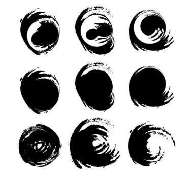 Siyah mürekkep çemberleri beyaz bir zemin üzerinde fırça darbesi demeti, siyah ve beyaz simgeler seti, beyaz bir demet üzerinde siyah mürekkep girdabı