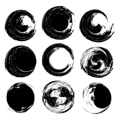 Siyah beyaz mürekkep çemberleri, mürekkep lekeleri fırça darbesi çemberi, mürekkep çemberi, çember seti, siyah fırça darbesi seti.