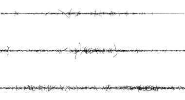 Farklı şekillerde siyah ve beyaz çit çizgileri, dikenli telli bir sınır teli, dikenli teller, beyaz arka planda dikenli teller.