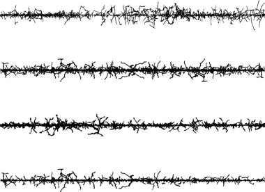 Farklı şekillerde siyah ve beyaz çit çizgileri, dikenli telli bir sınır teli, dikenli teller, beyaz arka planda dikenli teller.