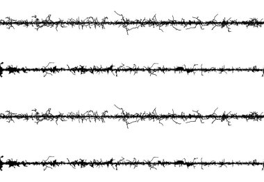 Farklı şekillerde siyah ve beyaz çit çizgileri, dikenli telli bir sınır teli, dikenli teller, beyaz arka planda dikenli teller.