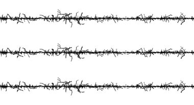 a series of black and white lines with a tree in the middle, A set of black and white fence lines with different shapes, a border wire with barbed wire, barbed with a line clipart