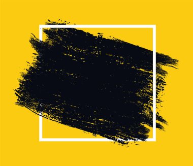 Beyaz bir kare içinde soyut siyah bir fırça darbesi sarı bir zemin üzerinde, soyut bir vektör grunge arka plan, sanatsal boya sıçramaları ve kirli, pürüzlü bir doku kenarı, siyah boya fırçası darbesi.
