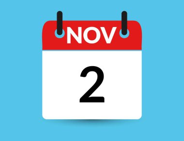 2 Kasım. Düz simge takvimi mavi arkaplanda izole edildi. Tarih ve ay vektör illüstrasyonu