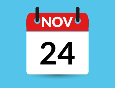 24 Kasım. Düz simge takvimi mavi arkaplanda izole edildi. Tarih ve ay vektör illüstrasyonu