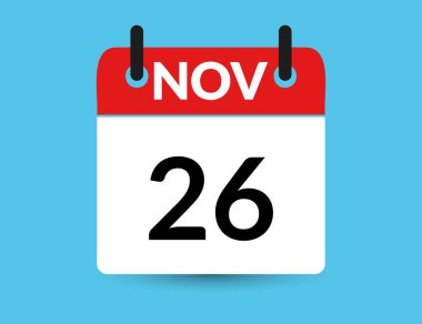 26 Kasım. Düz simge takvimi mavi arkaplanda izole edildi. Tarih ve ay vektör illüstrasyonu