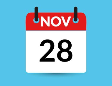 28 Kasım. Düz simge takvimi mavi arkaplanda izole edildi. Tarih ve ay vektör illüstrasyonu